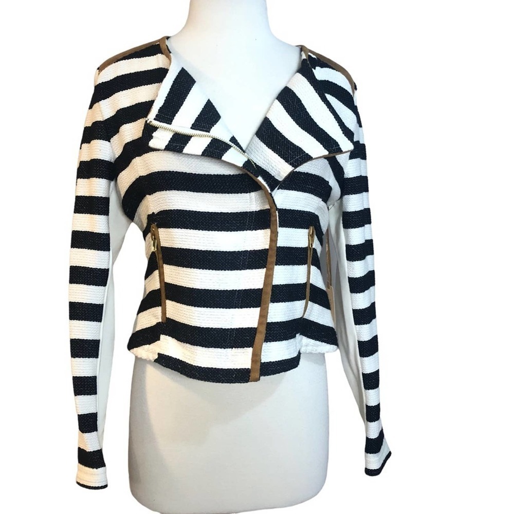 Gibson & Latimer NWT Black White Tan Brown Striped Moto Jacket Small - Picture 2 of 14